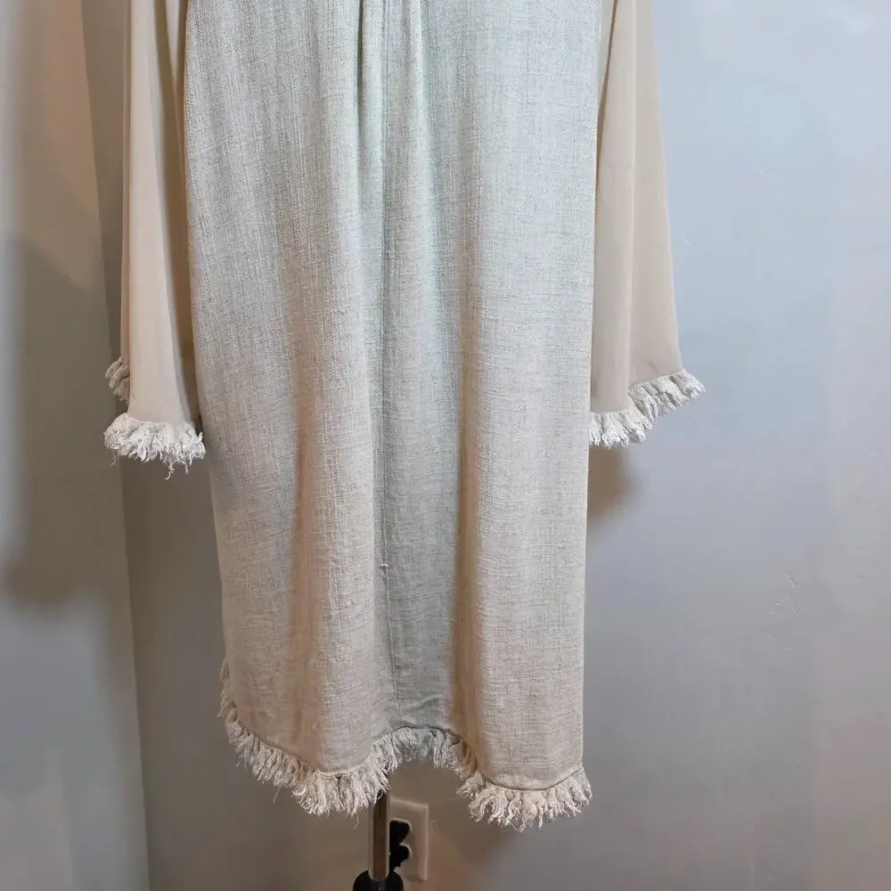 Umgee Beige Cotton Kimono Cardigan w/ Fringe Trim Open Front Boho Hippie Sz M/L - Picture 6 of 8